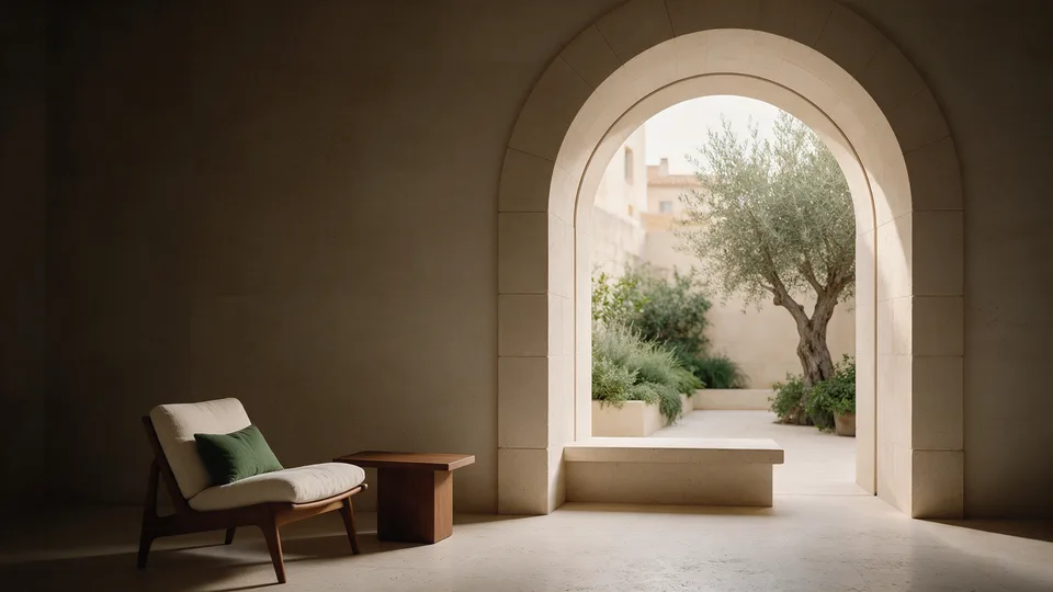 Interior mediterráneo conceptual con un arco de piedra abierto a un patio con olivo.